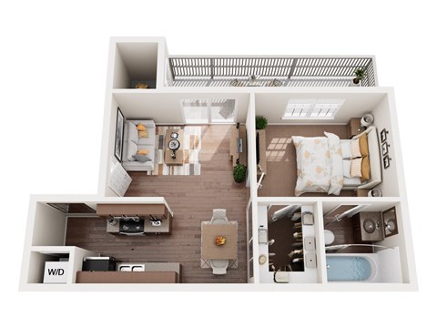 a stylized floor plan with a bedroom and a bathroom